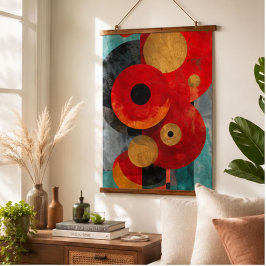 Bold Red Gold Turquoise Geometric Abstract Modern 吊り下げ型タペストリー