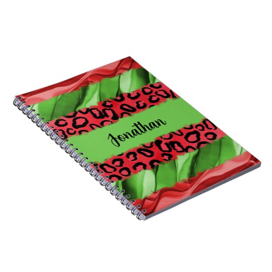 Bold Red & Green Animal Print Personalized ノートブック (右側)