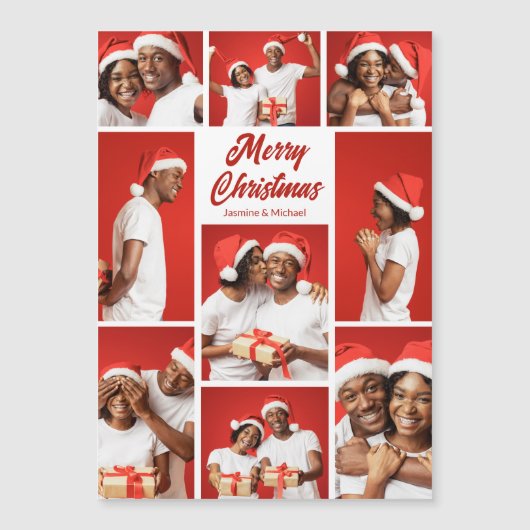Bold Red Merry Christmas Photo Collage Magnet Card (正面)
