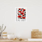 Bold Red Poppy Flowers Modern Botanical Art ポスター (キッチン)