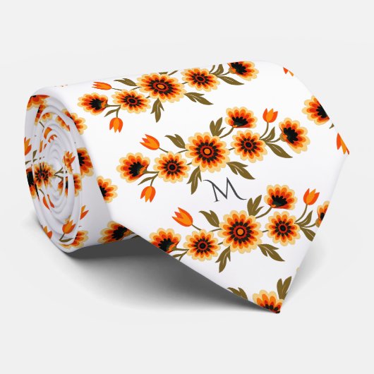 Bold Retro Floral Pattern in Orange Yellow Black ネクタイ (ロール)