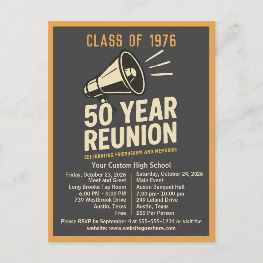 Bold Retro High School Reunion Pep Rally Megaphone ポストカード (正面)