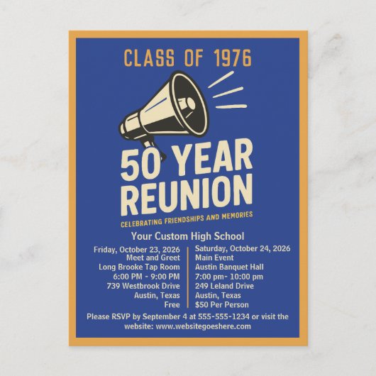 Bold Retro High School Reunion Pep Rally Megaphone ポストカード (正面)