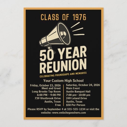 Bold Retro Megaphone 50 Year High School Reunion 招待状 (正面)