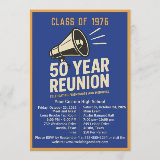 Bold Retro Megaphone 50 Year High School Reunion 招待状 (正面)