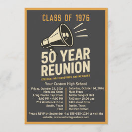 Bold Retro Megaphone 50 Year High School Reunion 招待状