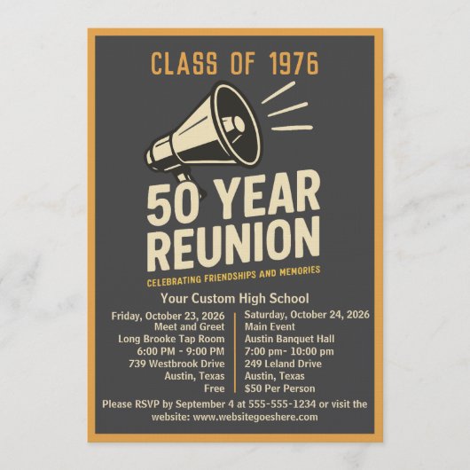 Bold Retro Megaphone 50 Year High School Reunion 招待状 (正面)