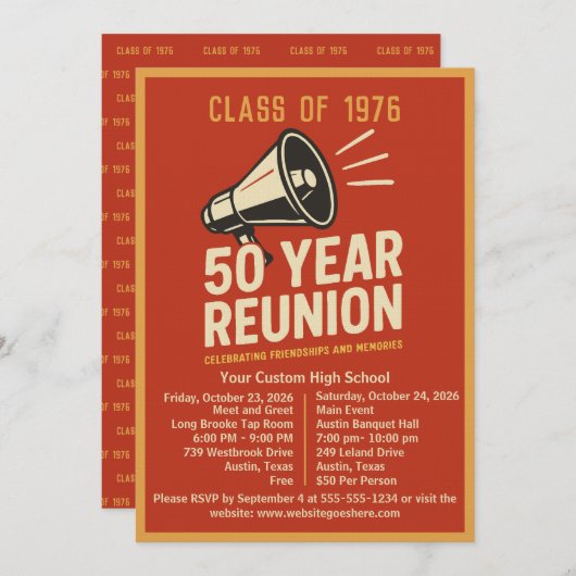 Bold Retro Megaphone 50 Year High School Reunion 招待状 (正面/裏面)