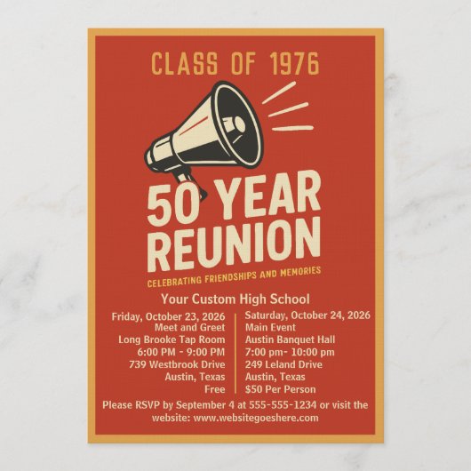Bold Retro Megaphone 50 Year High School Reunion 招待状 (正面)