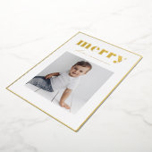 Bold Retro Merry Typography Family Photo Christmas 箔シーズンカード (回転した状態)