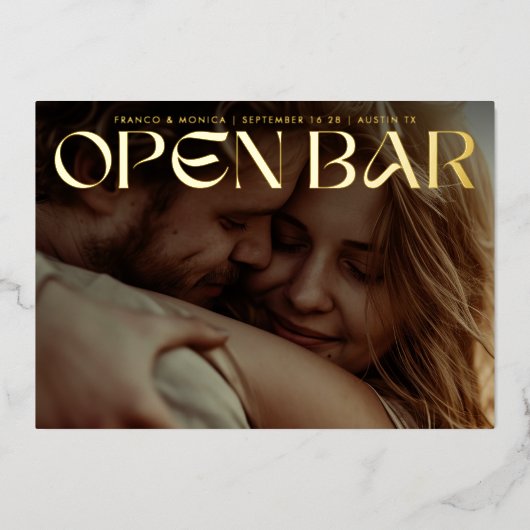 Bold Retro Open Bar Photo Save The Date Gold 箔招待状 (正面)