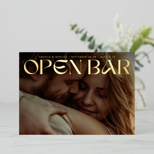Bold Retro Open Bar Photo Save The Date Gold 箔招待状 (立ち正面)