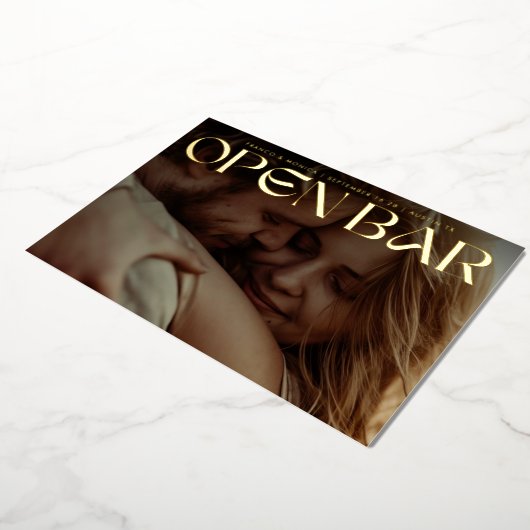 Bold Retro Open Bar Photo Save The Date Gold 箔招待状 (回転した状態)