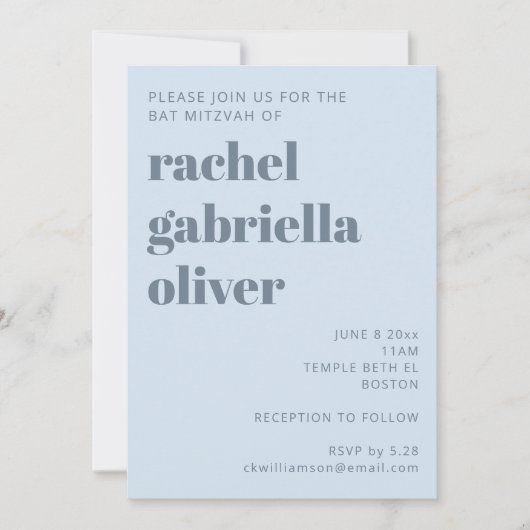 Bold Retro Soft Blue Simple Cute Bat Mitzvah 招待状 (正面)
