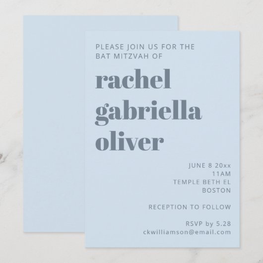 Bold Retro Soft Blue Simple Cute Bat Mitzvah 招待状 (正面/裏面)