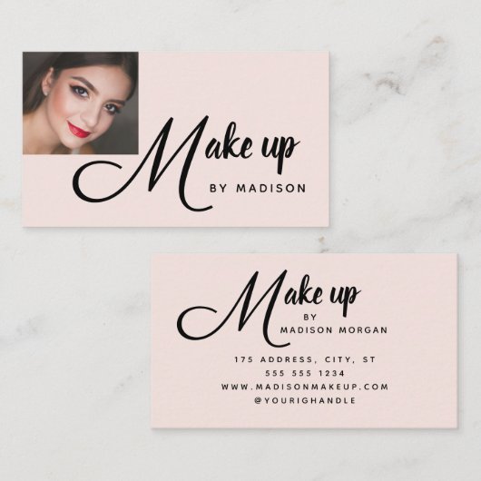 Bold Script Blush Pink Photo Makeup Business Card 名刺 (正面/裏面)