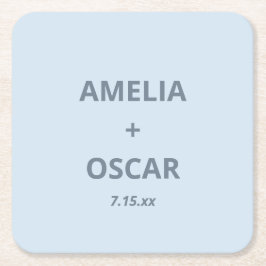 Bold Soft Blue Modern Wedding Names Date Custom スクエアペーパーコースター