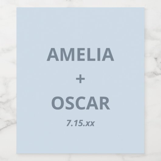 Bold Soft Blue Modern Wedding Names Date Custom ワインラベル (シングルラベル)