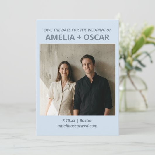 Bold Soft Blue Photo Modern Typography Wedding セーブザデート (スタンド正面)