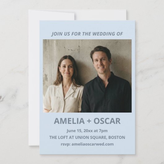 Bold Soft Blue Photo Modern Wedding Typography 招待状 (正面)