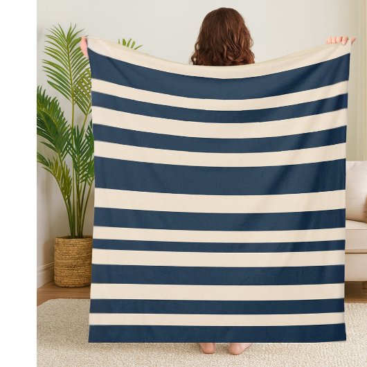 bold Striped Navy Blue and Beige Coastal Decor フリースブランケット