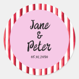 Bold Stripes Modern Red and Pink Wedding Stickers ラウンドシール