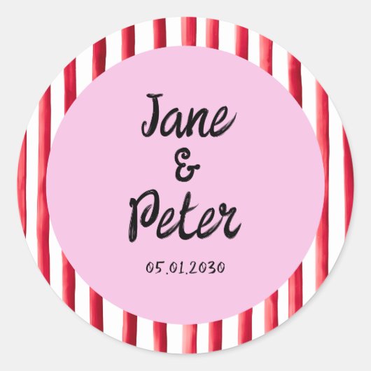 Bold Stripes Modern Red and Pink Wedding Stickers ラウンドシール (正面)