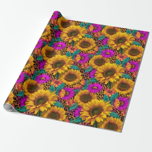 Bold Sunflower & Leopard Wrapping Paper ラッピングペーパー (アンロールド)