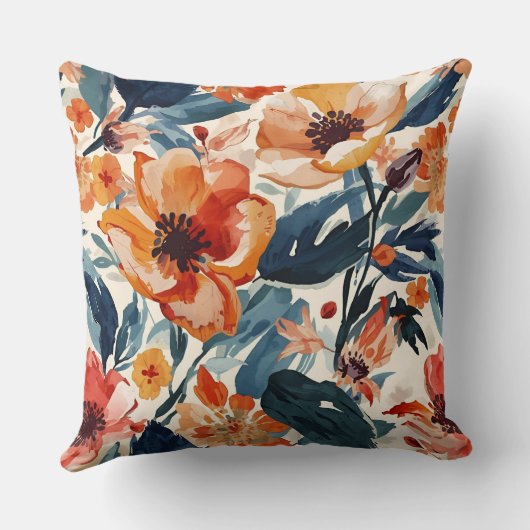 Bold Sunset Blooms Warm Floral Botanical Pattern クッション (裏面)