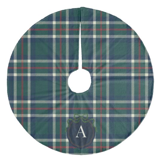 Bold Tartan Plaid Monogram Christmas Tree Skirt フリース ツリースカート (正面)