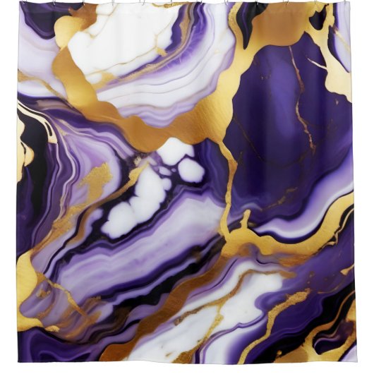 Bold Trendy purple yellow Gold faux marble シャワーカーテン (正面)