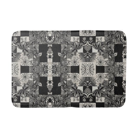 Bold Tropical Monochrome Floral Pattern バスマット (正面)