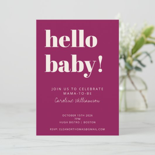 Bold Typography Berry Modern Cute Baby Shower 招待状 (スタンド正面)