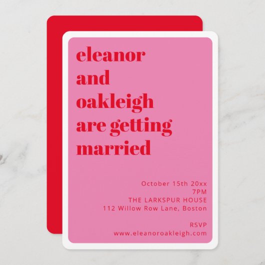 Bold Typography Bright Pink Red Stylish Wedding 招待状 (正面/裏面)