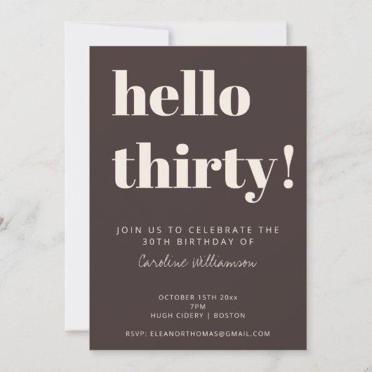 Bold Typography Brown Modern 30th Birthday Party 招待状 (正面)