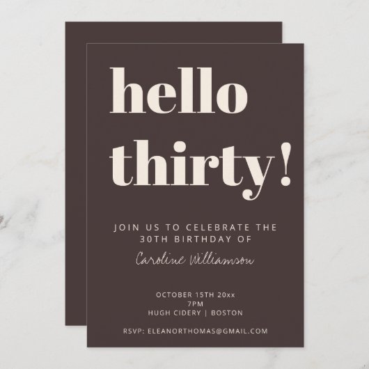 Bold Typography Brown Modern 30th Birthday Party 招待状 (正面/裏面)