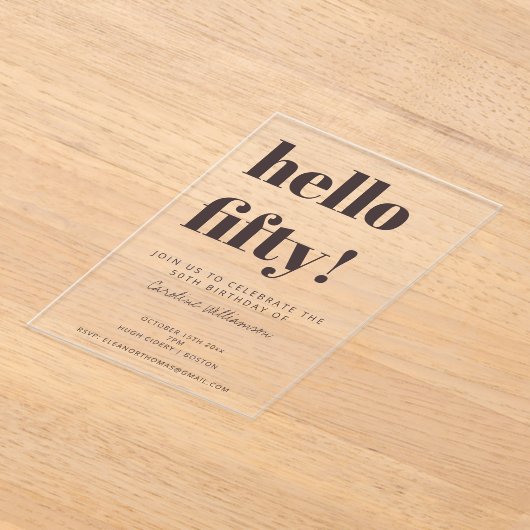 Bold Typography Brown Modern 50th Birthday Clear アクリル招待状 (レイダウン)
