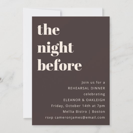 Bold Typography Brown Modern Chic Rehearsal Dinner 招待状 (正面)