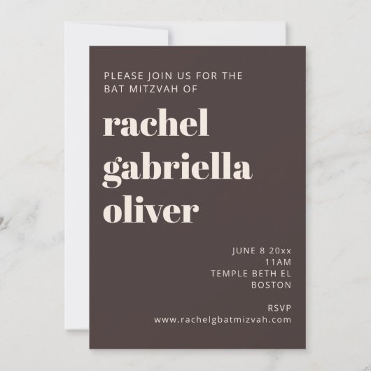 Bold Typography Earthy Brown Modern Bat Mitzvah 招待状 (正面)