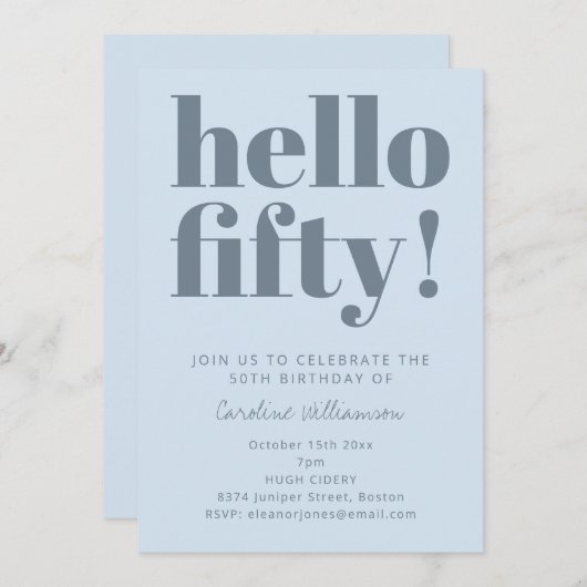 Bold Typography Icy Blue Modern 50th Birthday 招待状 (正面/裏面)