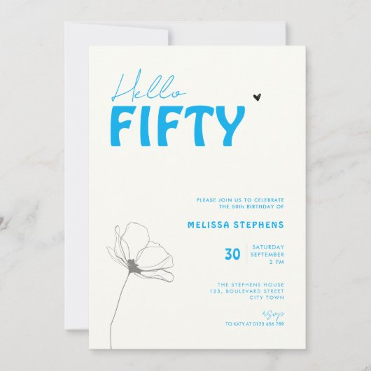 Bold Typography Ivory Blue Elegant 50th Birthday 招待状 (正面)