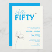 Bold Typography Ivory Blue Elegant 50th Birthday 招待状 (正面/裏面)