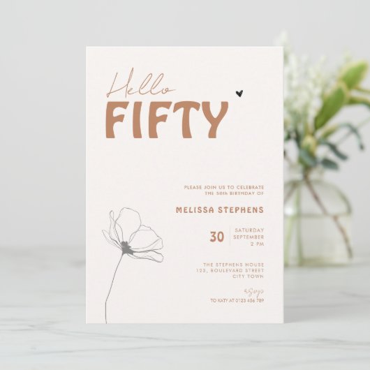 Bold Typography Ivory Brown Elegant 50th Birthday 招待状 (スタンド正面)