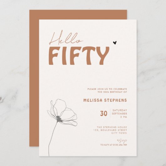 Bold Typography Ivory Brown Elegant 50th Birthday 招待状 (正面/裏面)