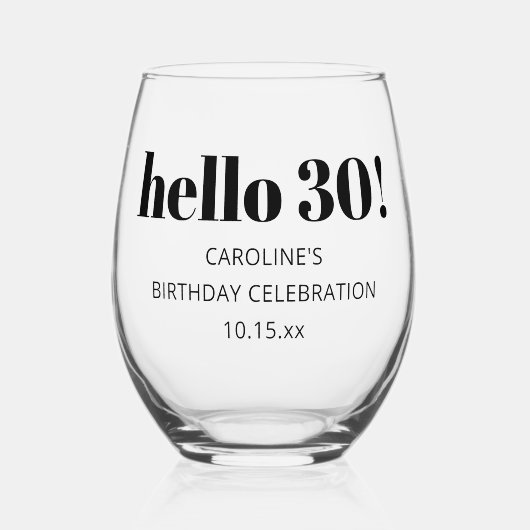 Bold Typography Modern 30th Birthday Party Custom ステムなしワイングラス (正面)