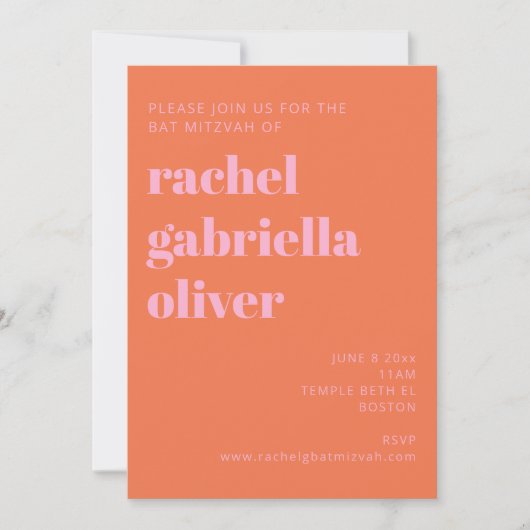 Bold Typography Pink and Orange Modern Bat Mitzvah 招待状 (正面)