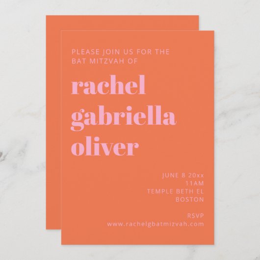 Bold Typography Pink and Orange Modern Bat Mitzvah 招待状 (正面/裏面)
