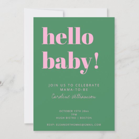 Bold Typography Pink Green Modern Baby Shower 招待状 (正面)