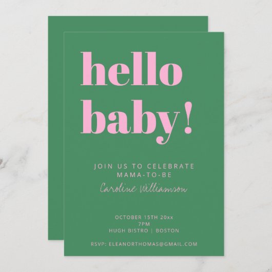 Bold Typography Pink Green Modern Baby Shower 招待状 (正面/裏面)