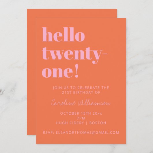 Bold Typography Pink Orange Modern 21st Birthday 招待状 (正面/裏面)